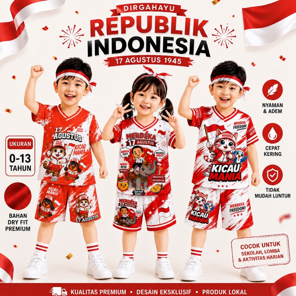 Setelan Jersey Kemerdekaan Indonesia Anak Laki - Laki dan Perempuan Usia 0-13 Tahun Full Printing Sublim Bahan DryFit Milano / Setelan Viral / Setelan Jersey / Setelan Merah Putih / Setelan Hut RI Kemerdekaan / Setelan 17 Agustus / Setelan Kemerdekaan