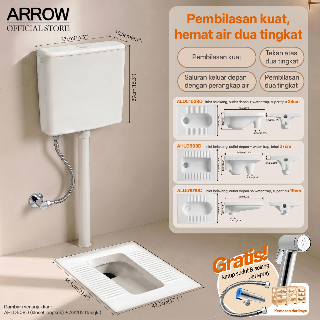 ARROW Set Kloset Jongkok WC Kamar Mandi Keramik Bakar 1280° Anti Slip Lengkap Dengan Tangki Air Semua Aksesori Includes Water Trap Dual Flush Kokoh Awet