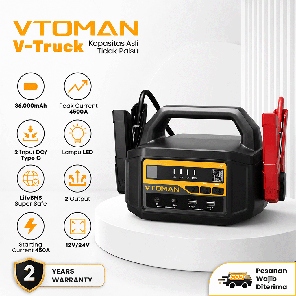 VTOMAN V-Truck Jumper Aki Mobil 12V & 24V Kapasitas 135Wh Jumper Aki Mobil Truck Jumper Aki Mobil Pickup dan Box Vtoman Car Jump Starter Aki Mogok Darurat