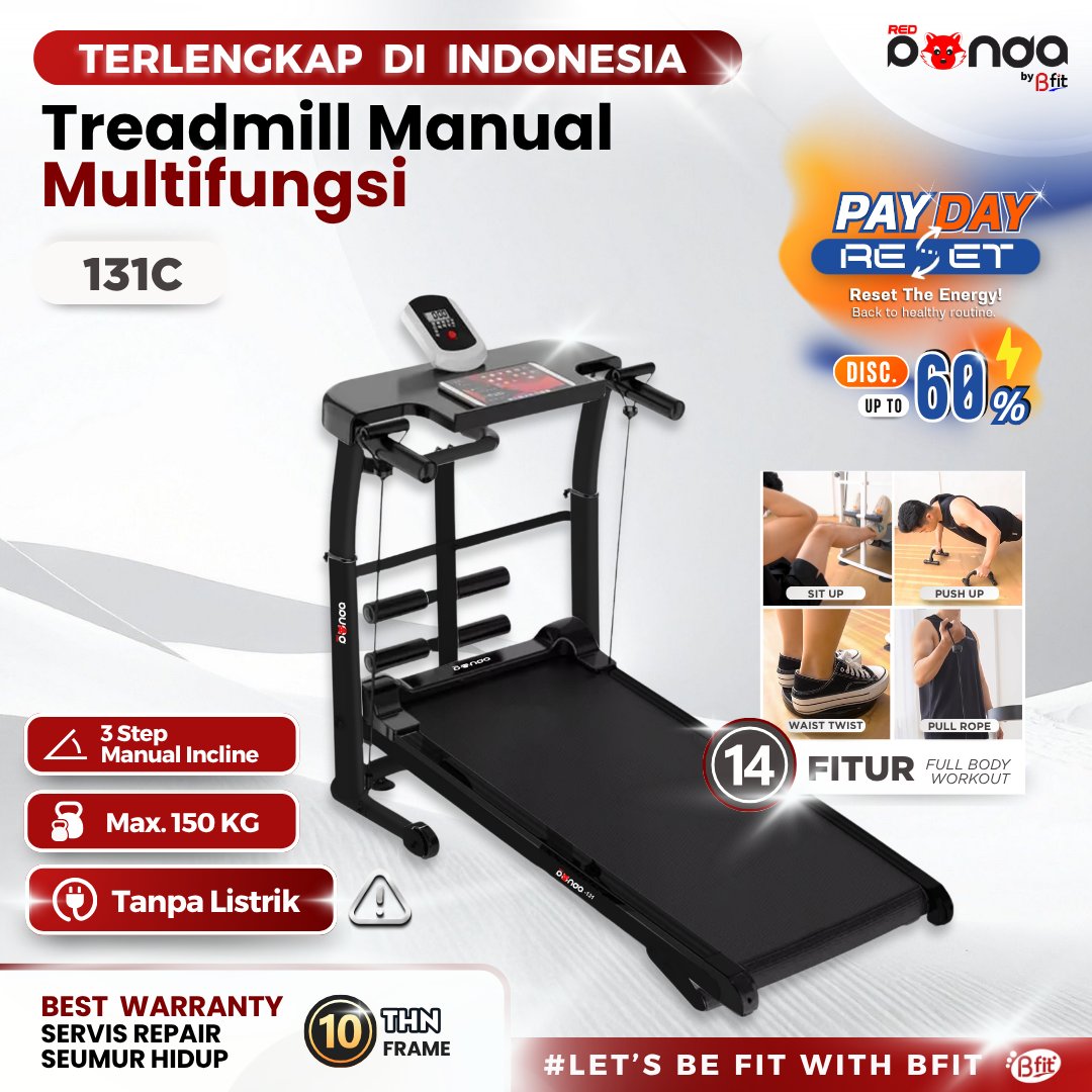 Treadmill Manual REDPANDA 131 Multifungsi Tanpa Listrik Lipat Portable Low Watt Fitness Gym