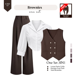 One Set Outfit Vintage Setelan 3in1 Korean Style (Kemeja Crop, Vest Brownies, Loose Pants ) - CTO57