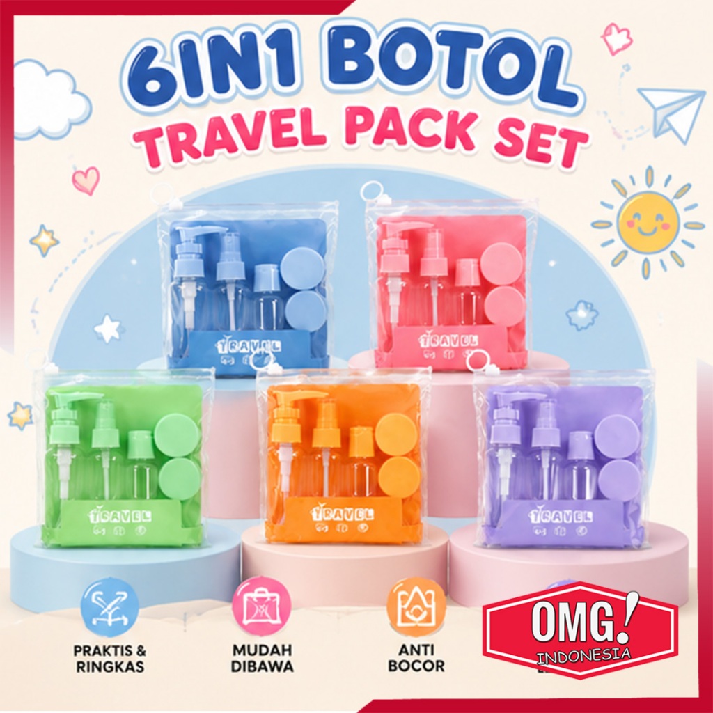Botol Travel Pack 6 in 1 Tempat Refill Sabun Shampoo Cair Lotion Kosmetik Skincare Sunscreen Wajah Perlengkapan Travel Sport Bag Wadah Isi Ulang Set Mini Praktis Pouch Botol Liburan Anti Tumpah