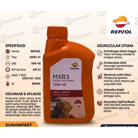 REPSOL MXR3 4T MANUAL SAE 10W-40 800ML OLI MESIN MOTOR 4T MANUAL SUPRA X 125,REVO, JUPITER,VEGA DAN SEJENISNYA