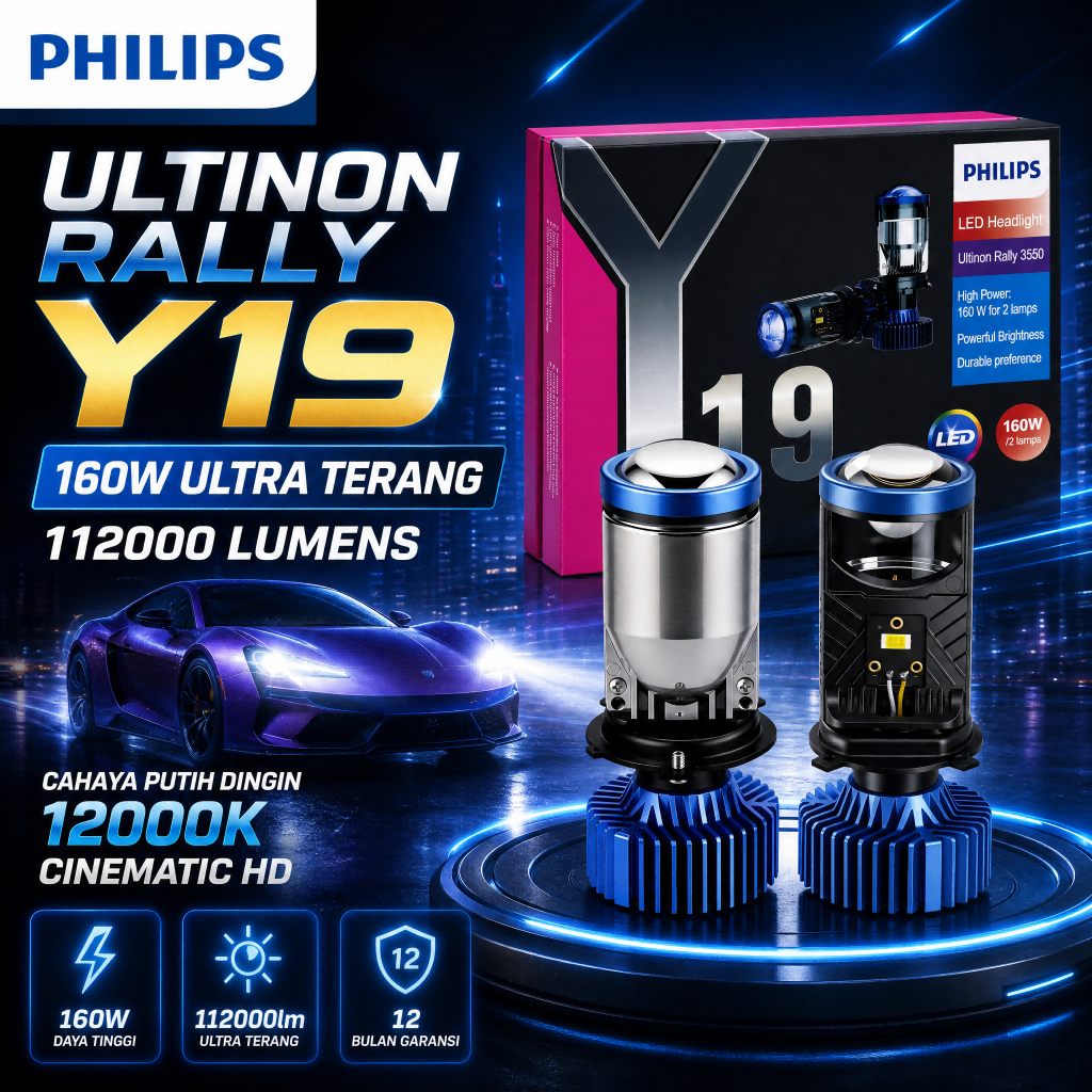 Philips 2PCS Lampu LED H4Y19 Mobil 160W Pendingin Tembaga 4 Tabung Super Senyap Awet 25000J