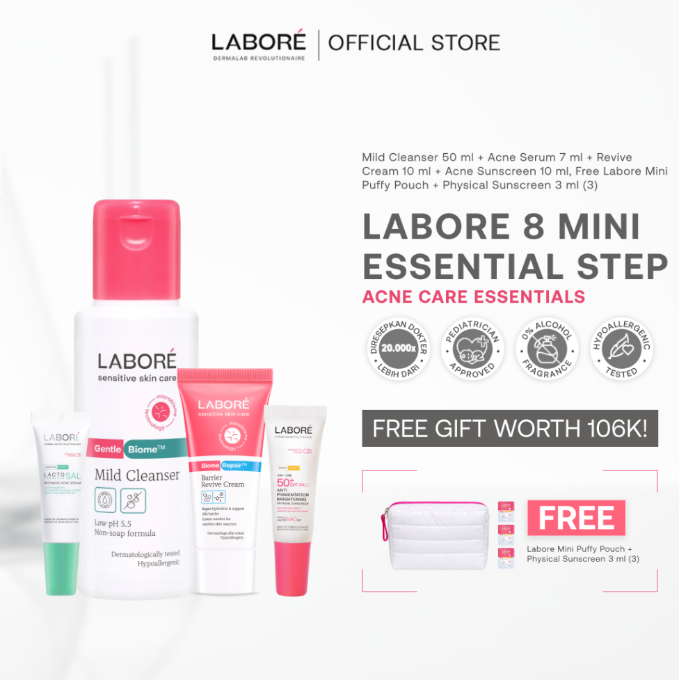 Labore Essential Step Package - Paket Mild Cleanser 100ml, Barrier Revive Cream 50ml, Physical Sunscreen 30ml untuk Perawatan Wajah Kulit Sensitif - Reguler