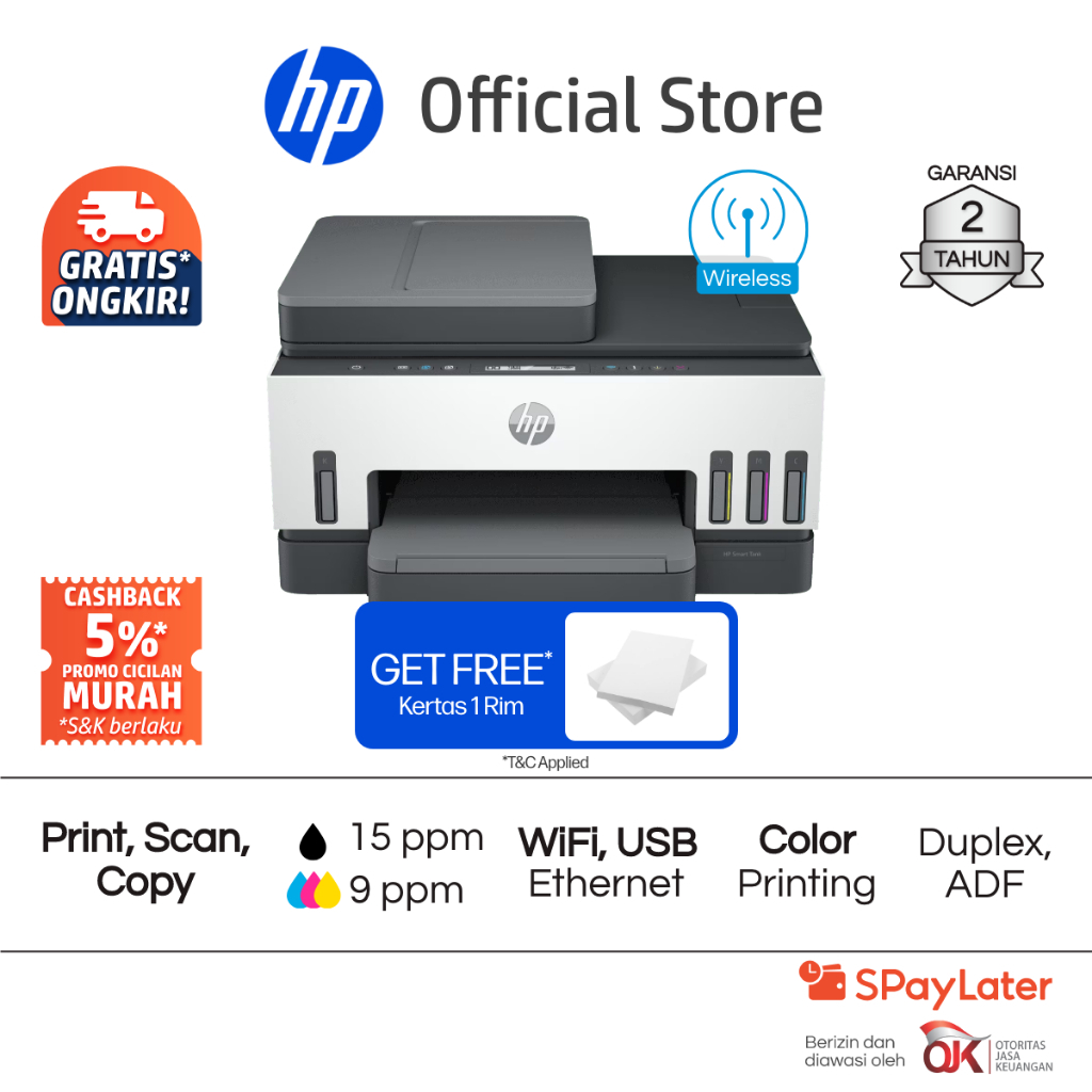 Printer HP Smart Ink Tank 615 / 583 / 585 / 580 / 210 / 523 / 750 / 215 All in One Print Scan Copy Wireless Wifi USB Bluetooth Fotocopy Color Colour W (4)