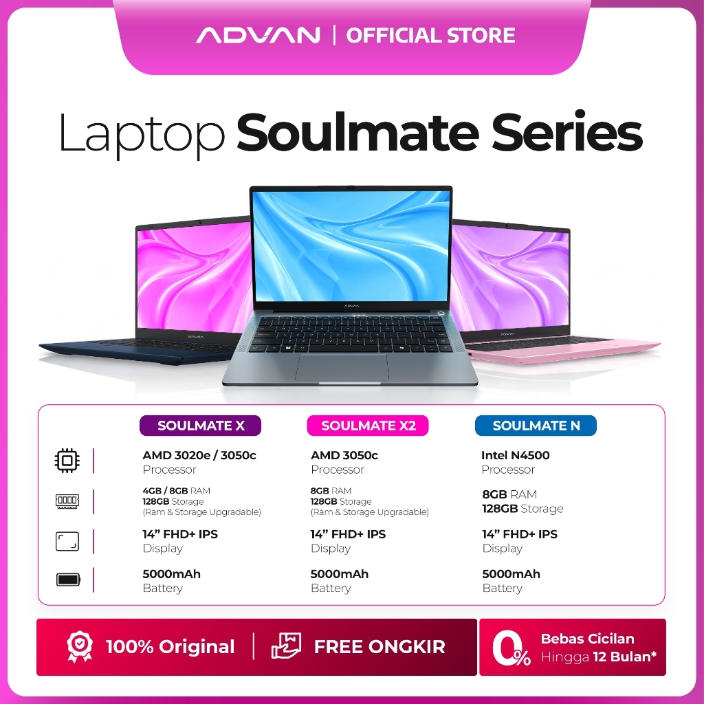 [PROMO KILAT] ADVAN Soulmate Series | 14 Inch FHD | AMD 3020e/AMD 3050c/N4500 | 4GB/8GB + 128GB Upgradable | Slim & Elegant Design | Charger Type C | Free WINDOWS 11 Original | Garansi Resmi 1 Tahun