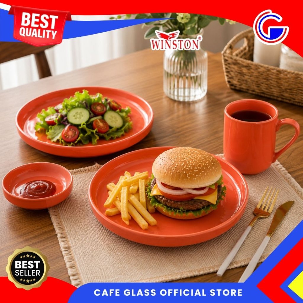 Dinner Set Keramik - Piring Mangkok Pasta - Mug Hadiah Kado - Perlengkapan Makan Cafe Restoran Orange Winston
