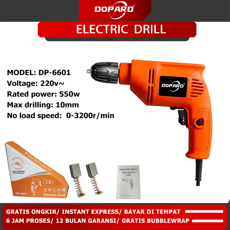 DOPARD Bor Listrik baterai Tangan 600W Putaran 3200RPM Mesin Bor Multifungsi Maks 10mm Untuk Kayu Besi Dinding Perbaikan Rumah DP‑6606