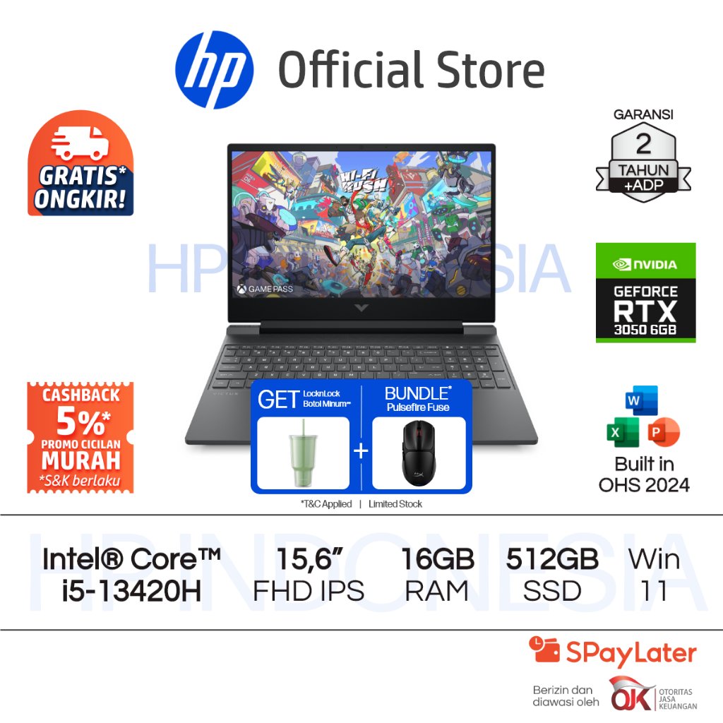 Victus Laptop Gaming HP Intel Core i5 NVIDIA GeForce RTX 3050 16GB RAM 512GB SSD Mica Silver Windows 11 Home 15.6 Inch 144Hz Garansi 2 Tahun Promo Murah Gratis Ongkir Official Non Second [Exclusive Free LocknLock]