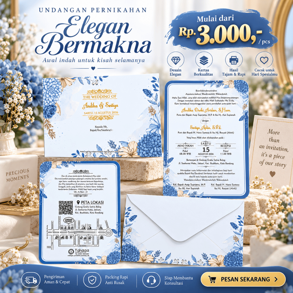 Jual Undangan Nikah Mewah | Hard Cover Floral Biru Emas | Amplop ...