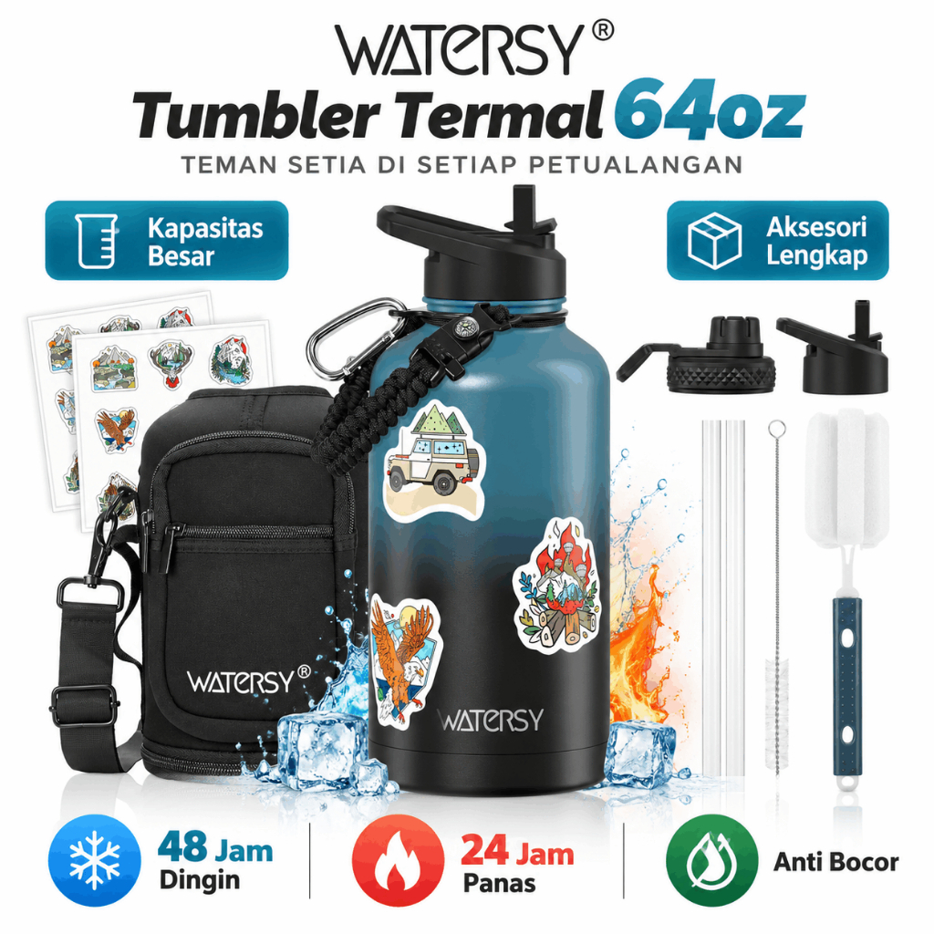 WATERSY 1900ML/2580ML/3780ml Stainless Steel Tumbler Botol Minum Thermos 24 Jam Panas & Dingin Mug Gelas Vacuum untuk Bayi Kopi Teh Cowok & Sultan Tumbler 1 Liter