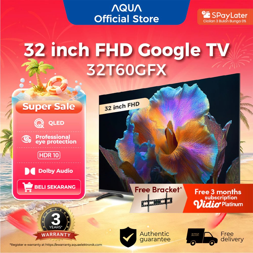 [Flash Sale] AQUA Elektronik TV 32 Inch 32T60GFX -QLED-HDR 10-Google TV - Eye Protection- Dolby Audio- Google Play/Netflix/Youtube/Disney+Hotstar