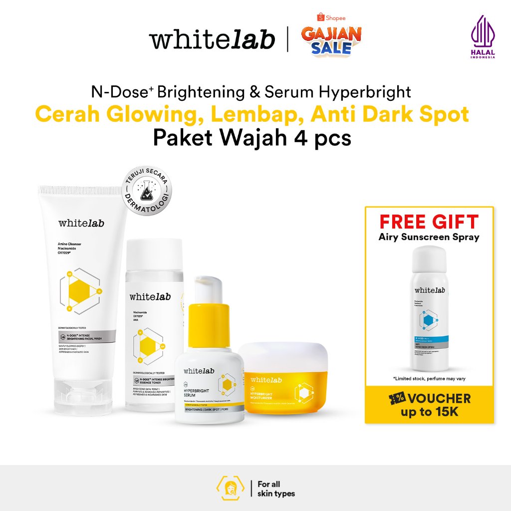 Whitelab Paket Wajah Brightening Niacinamide Facial Wash, Toner, Serum, Night Moisturizer - 4 pcs N-Dose+ 2.0 Skincare