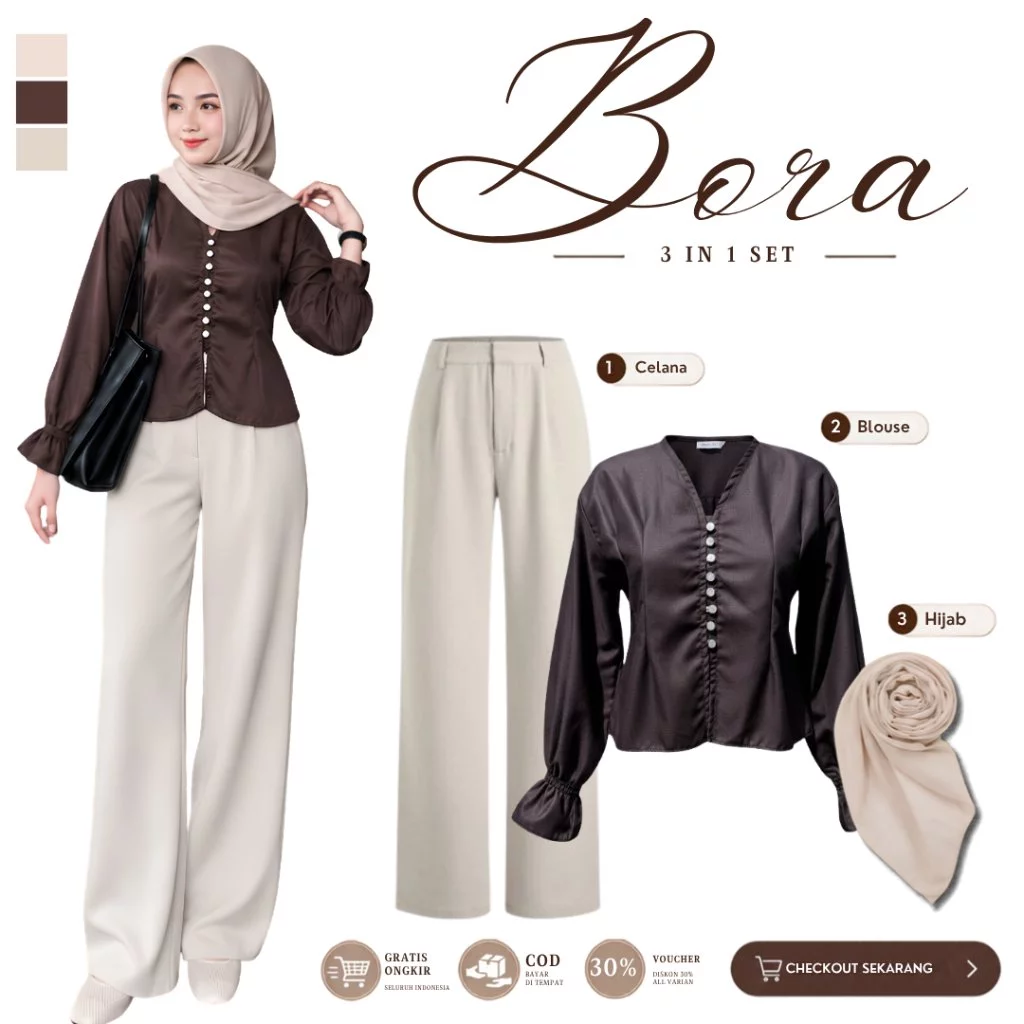 BORA One Set Wanita Korean Style 3in1 | Blouse Bora Coklat +  Celana Knit + Hijab | OOTD Remaja Kekinian | Setelan Hangout/Cafe/Kerja/Kuliah || DC27
