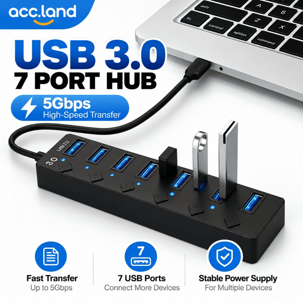 Splitter 7 in1 USB Hub 3.0 5Gbps High Speed with Individual Power Switches