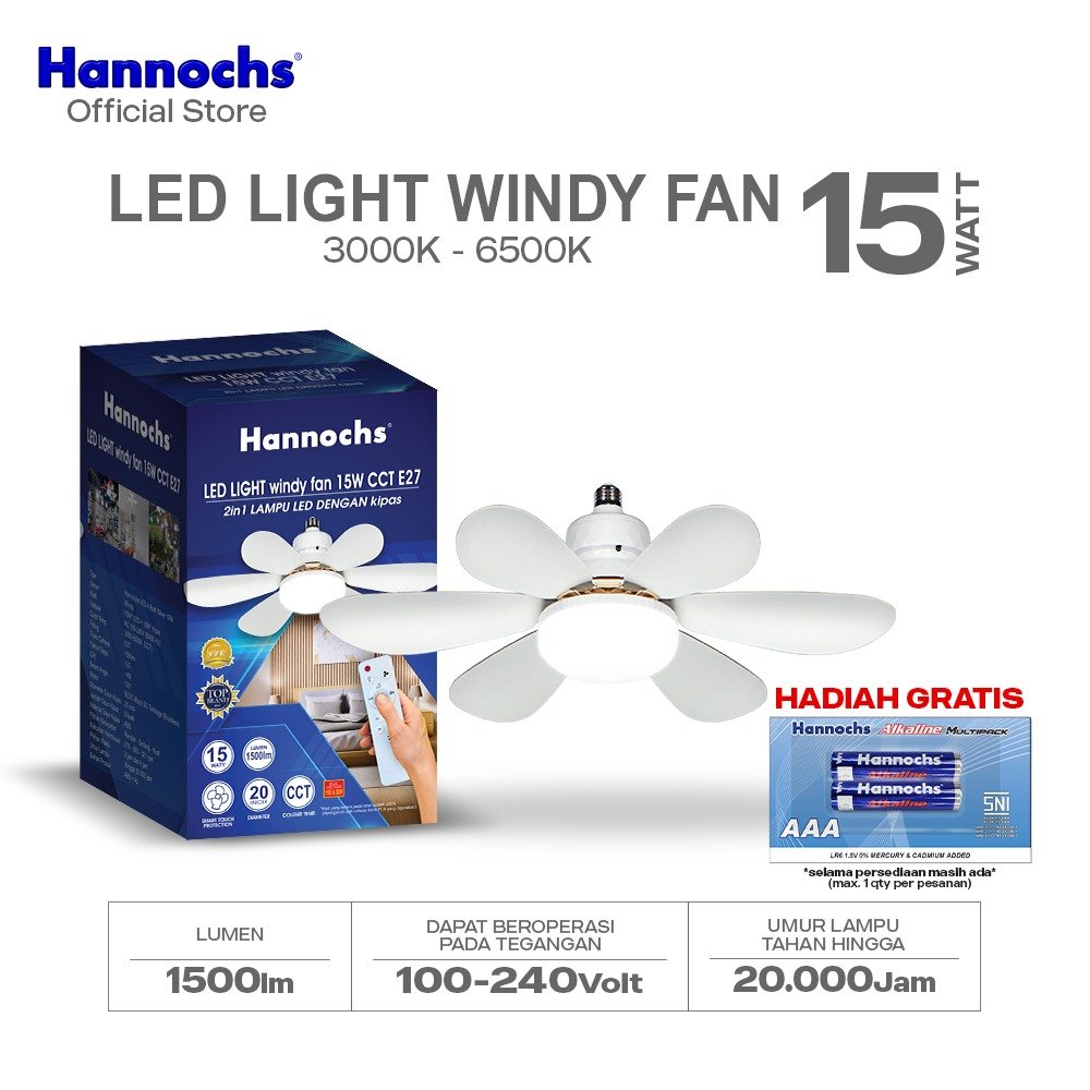 Hannochs Lampu Kipas Angin Plafon LED 2in1 Windy Fan light 15W CCT E27 20Inch - Multifungsi Dengan Peredupan Remote Control