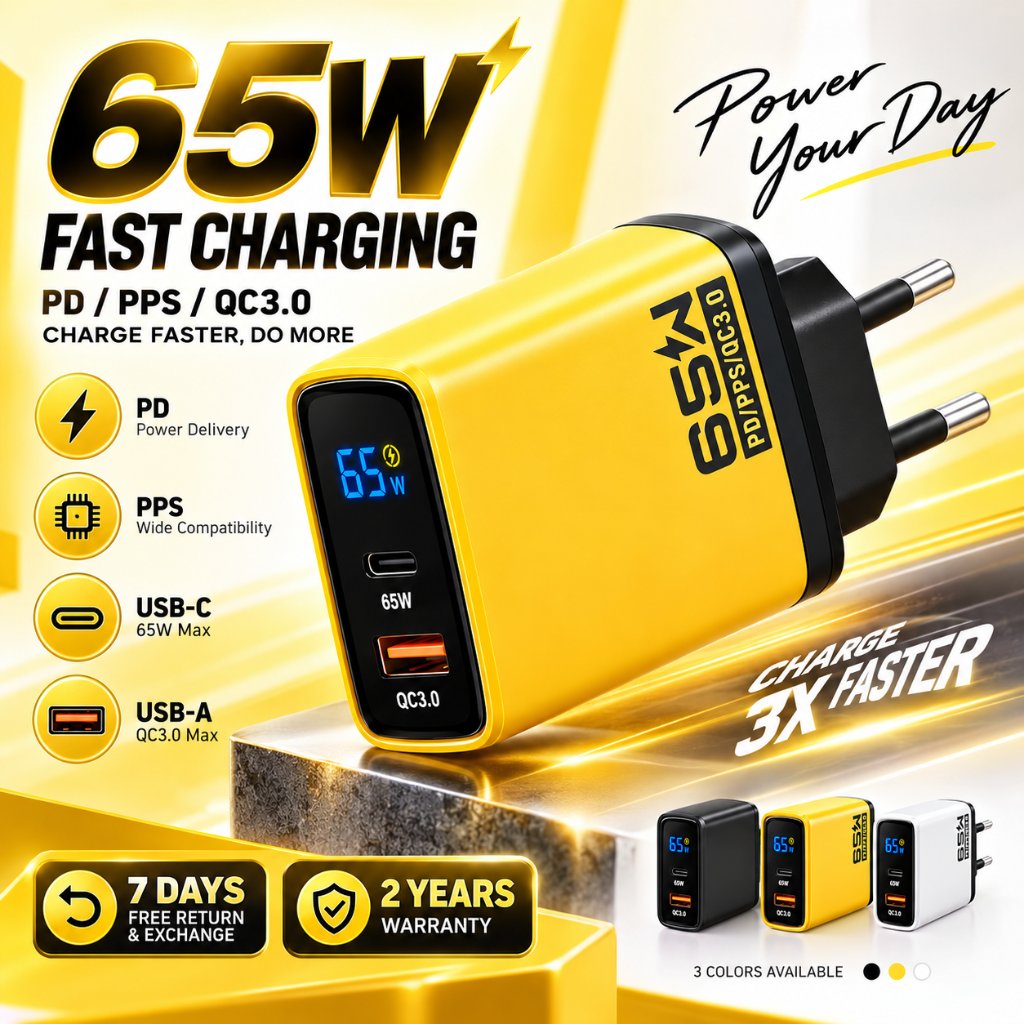 LENTIVEN Adaptor Kepala Charger GaN 65W Fast Charging Dual Output USB Type C Digital Display Protection Safety Charger Universal Garansi 2 Tahun ss65