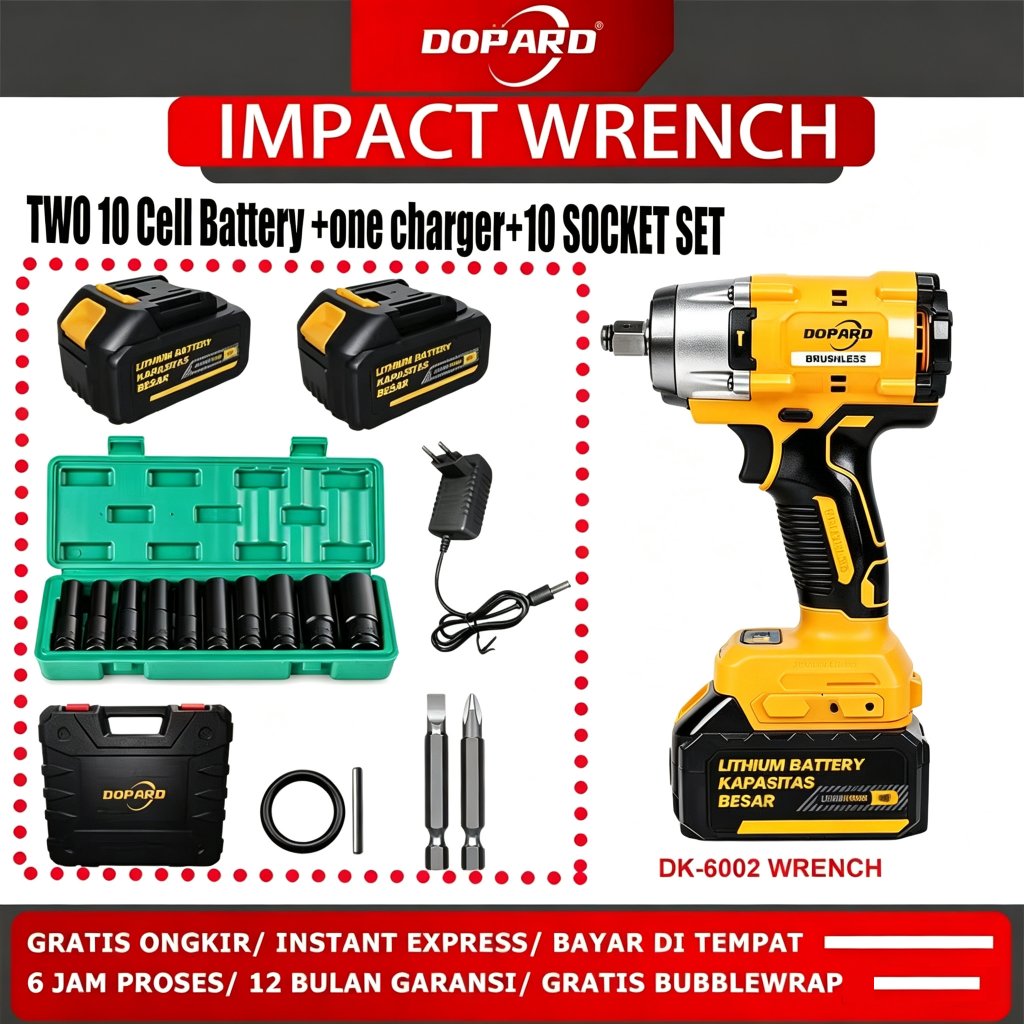 DOPARD Impact Wrench Brushless  DK-6002 Cordless Kunci Shock Baterai 2 Baterai 10 Cell + 10 Socket Set Mesin Pembuka Baut Mobil Motor COD
