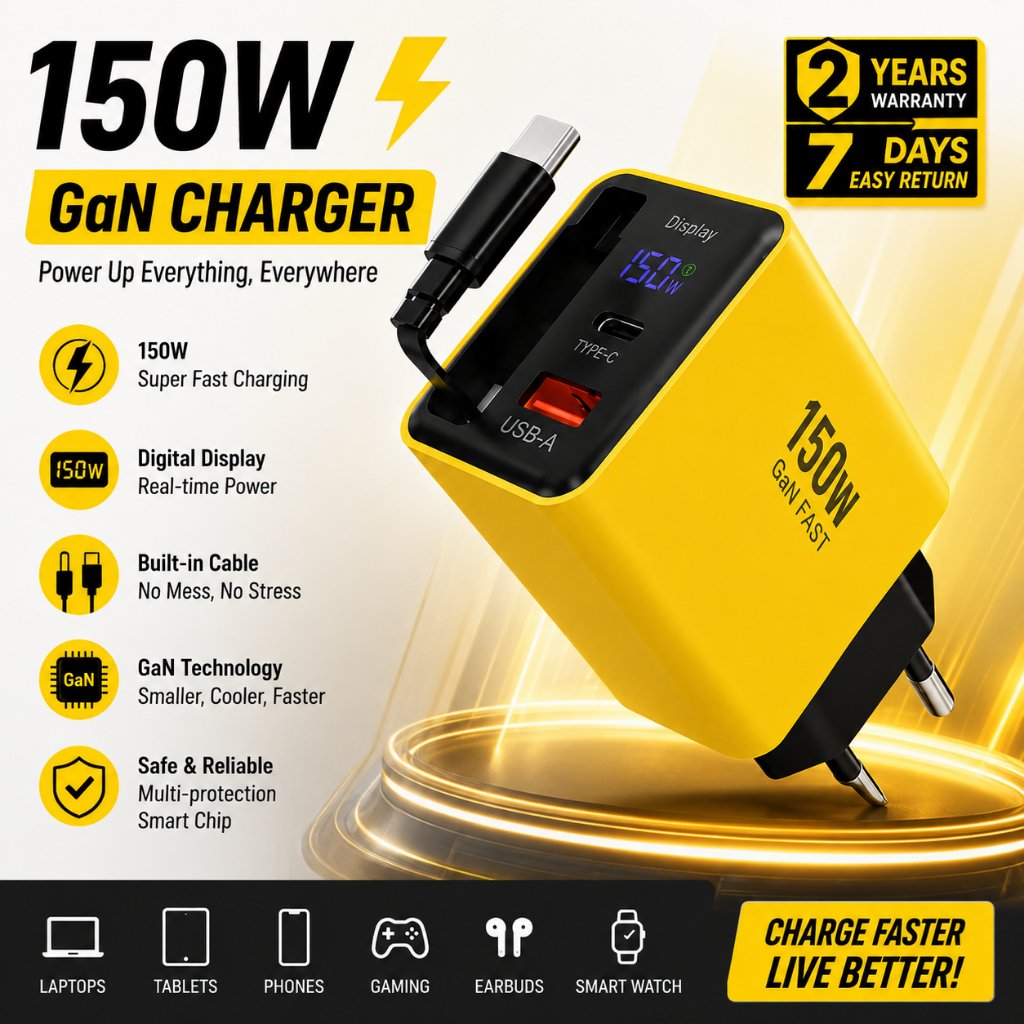 LENTIVEN Charger HP 150W GaN USB A+C Fast Charging dengan Kabel Retractable 70cm 3in1 Kompatibel Semua Merek Garansi 2 Tahun 031