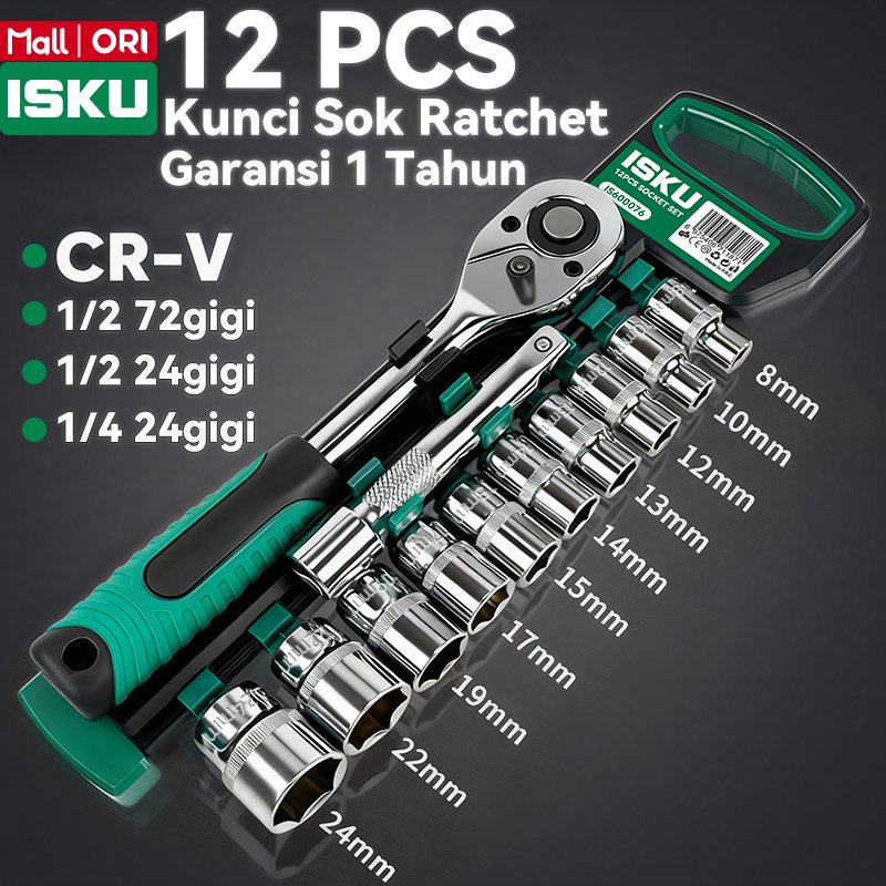 ISKU Kunci Shock 12Pcs Drive Socket 1/2 Inch Socket Wrench Set 8-24mm Dan 10Inch Extension Bar Bahan Chrome Vanadium Kunci Pas Rachet 1/2 Inch
