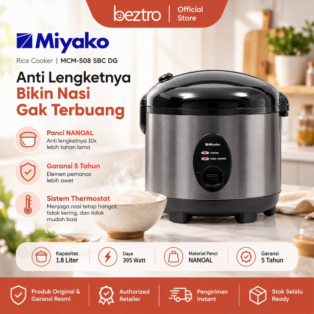 * NEW & READY * Miyako MCM-508 SBC DG Rice Cooker Magic Com 1.8 Liter Nanoal Anti Lengket 3 in 1 395 Watt