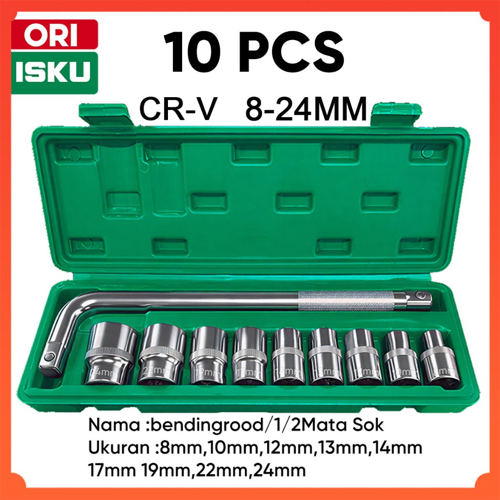 ISKU Kunci Sok Set 10 Pcs Gagang L 1/2 Inch 8-24mm Baja CR-V Asli Kunci Shock Socket Wrench Alat Bengkel Motor Mobil Buka Baut Karat Torsi Besar Anti Slek Dol Karat Presisi 6PT Hard Case Box Tebal Heavy Duty Original BISA COD