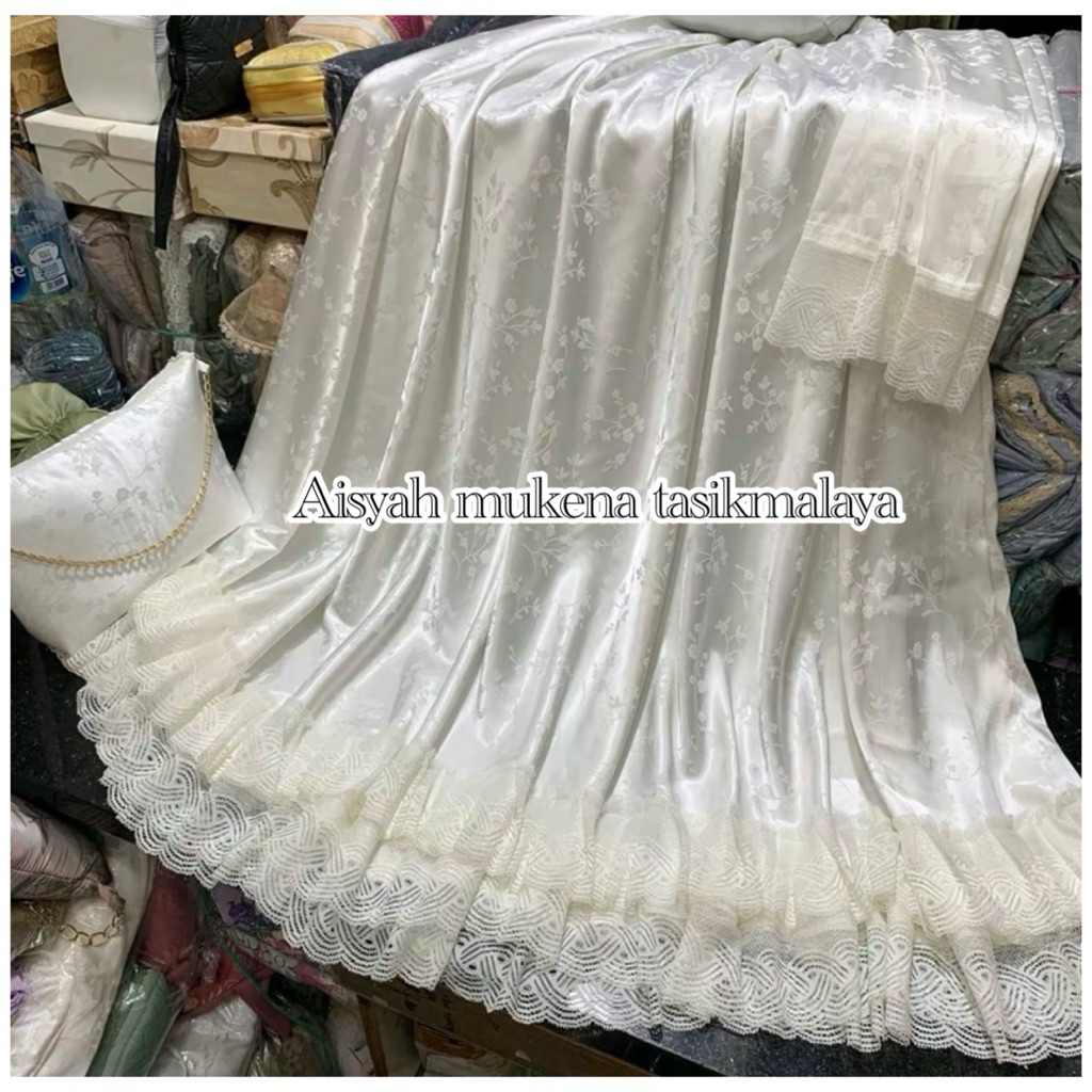 MUKENA YURA SERIES BAHAN SUTRA ARMANY SILK JAGUAR MIX RENDA KARET BUNGA MEWAH