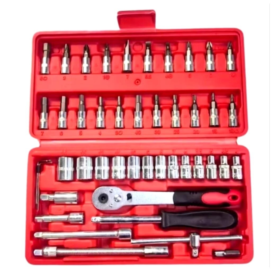 ZSIGNS 46 in 1 Pcs Tool Kit & Screwdriver and Socket Set Wrench Se Cordless Electric Ratchet Set 46 Piece Small Cordless Electric Slim Ratchet  Set – 46-Piece Mechanic Tool Kit With 1/4" Sockets – USB-C Rechargeable,  400 RPM (Red)