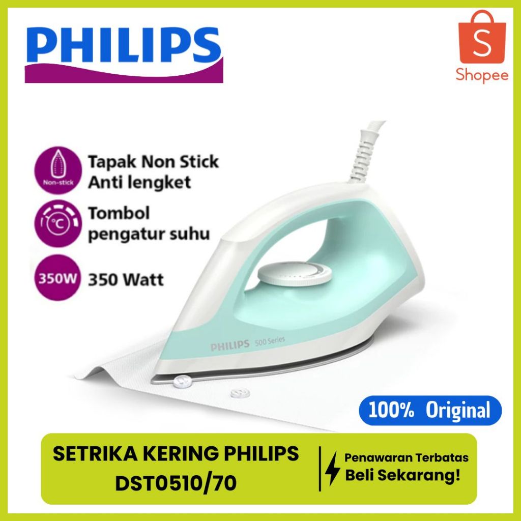 Jual PHILIPS DST0510/70 SETRIKA KERING LISTRIK DRY IRON 350 W DST0510 ...