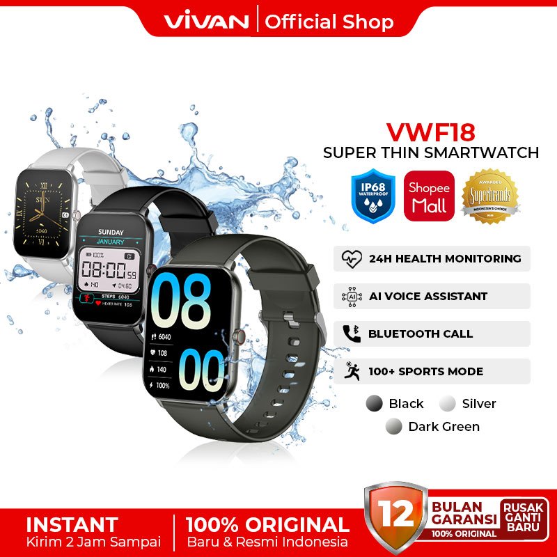 VIVAN Smartwatch VWF18 Waterproof IP68 100+ Sports Mode Alexa AI  Professional Health Monitoring Battery Up To Days Garansi 12 Bulan