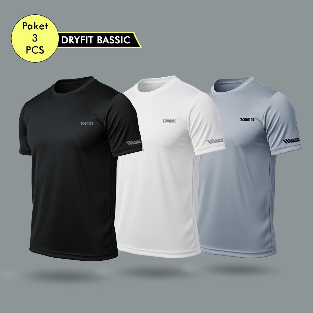 Zou9 - 3 Pcs Kaos Olahraga Pria Lengan Pendek Baju Atasan Gym Badminton Fitness Jogging Bahan Dryfit
