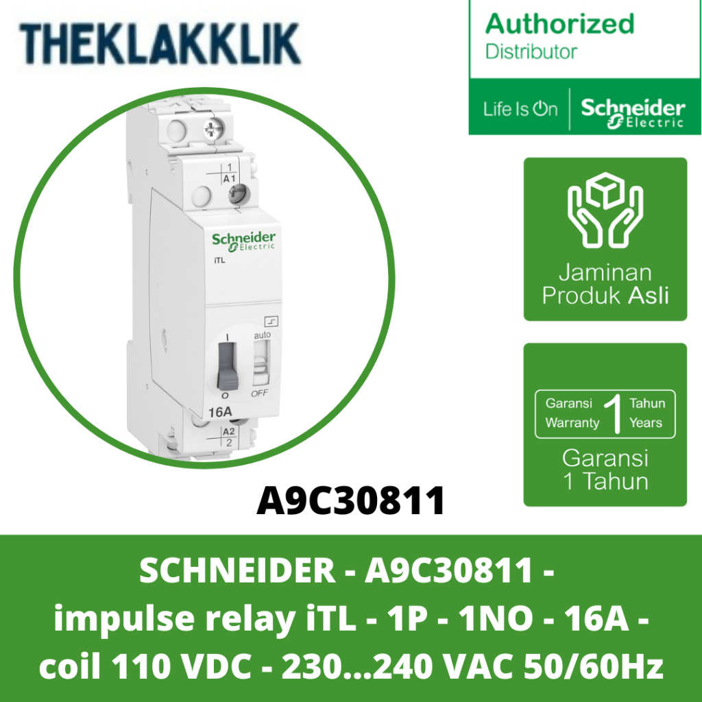 Jual SCHNEIDER - A9C30811 - impulse relay iTL - 1P - 1NO - 16A - coil ...