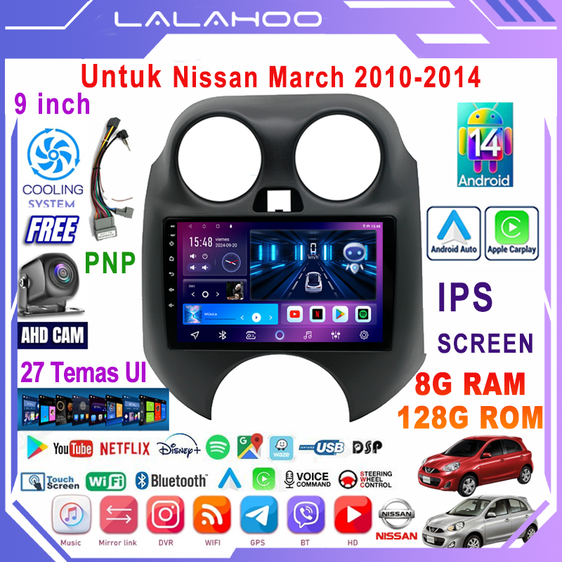 [Untuk Nissan March 2010-2014] 8G+128G Android 14 Head Unit Termasuk Frame/PNP Soket 9 Inch IPS Screen