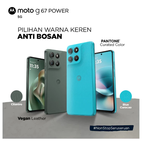 Motorola G67 Power 5G dengan bodi Premium Vegan Leather dan layar 6.72 inci