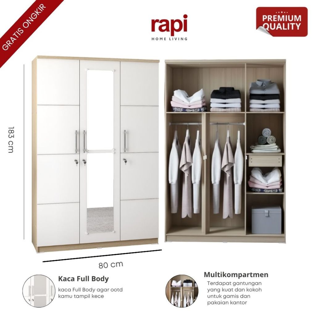 Jual RAPI Lemari Pakaian 3 Pintu / Almari Baju / Rak Baju / Camille WD ...