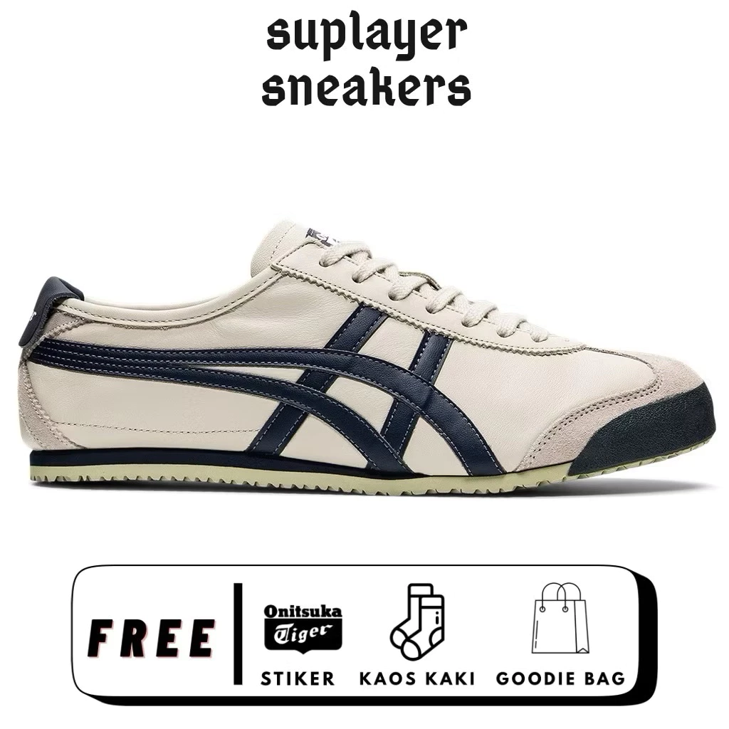 Sepatu Onitsuka Tiger Mexico 66 Leather Cream Navy Pria Wanita Sneakers Casual Keren Terlaris BNIB