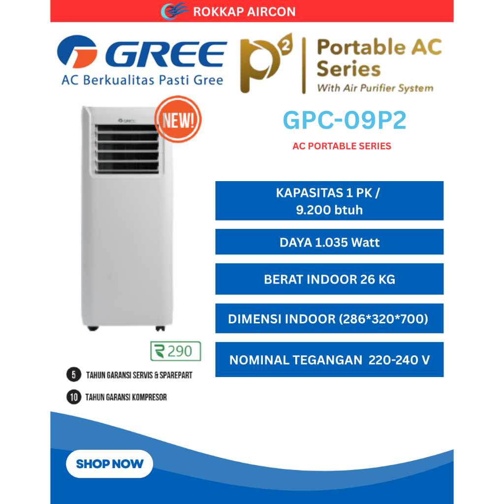 Jual AC GREE PORTABLE SERIES (P2) NON INVERTER R290 1 PK GPC-09P2 ...