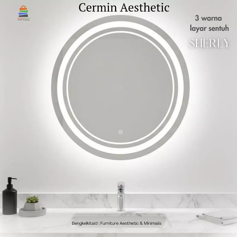 Round Mirror Kaca Rias Estetik Lampu LED Sherly Cermin Gantung