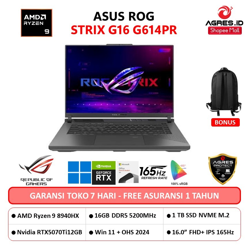 Jual ASUS ROG STRIX G16 G614PR RYZEN 9 8940HX RTX5070TI 12GB/ 16GB 1TB ...