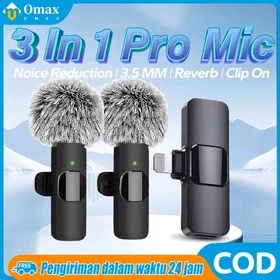 (3 In 1 Pro Mic)Mikrofon Nirkabel Lavalier Mic Portabel Audio Video Pembuatan Rekaman Wireless