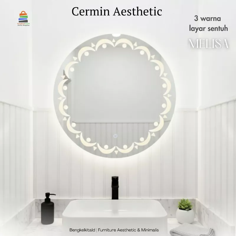 Melisa Cermin LED Sanblast Touchscreen Bulat Dinding Kaca Cermin Lampu Aesthetic Cermin Kamar Mandi