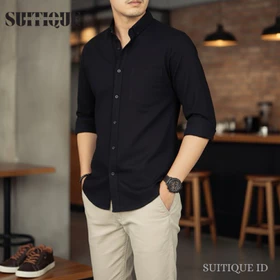 Suitique ID Kemeja Pria Lengan Panjang Cotton Pique Anti Kusut Black Rapi Seharian Formal Casual
