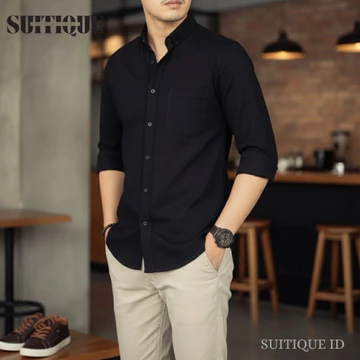 Suitique ID Kemeja Pria Lengan Panjang Cotton Pique Anti Kusut Black Rapi Seharian Formal Casual