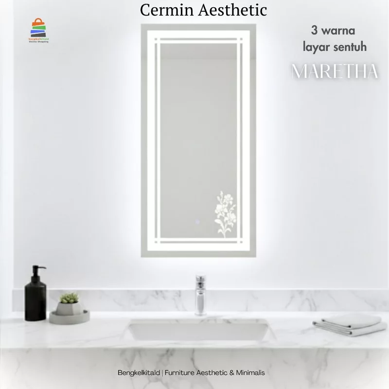 Maretha Cermin Estetik LED Sanblast Touchscreen Dinding Kaca Cermin Lampu Aesthetic Cermin