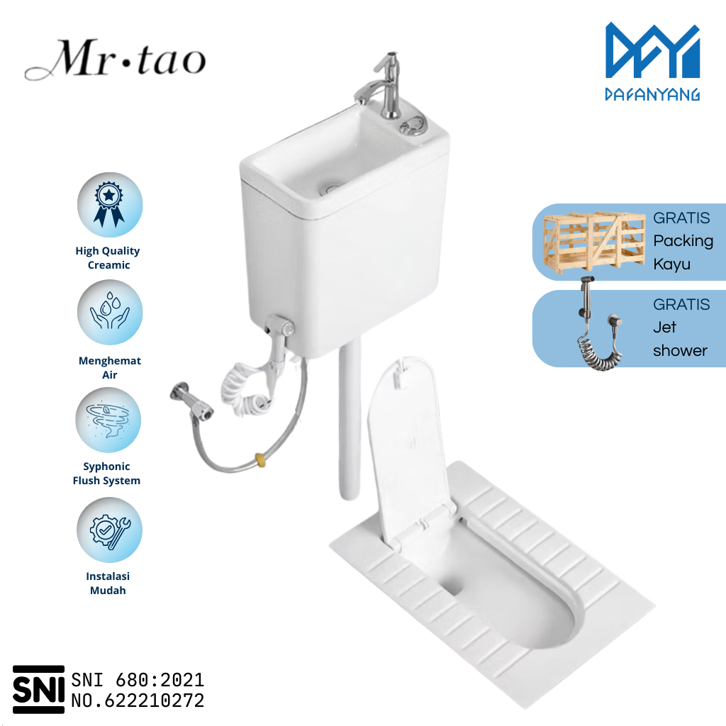 Kloset Jongkok Set SNI Mr.Tao Original Dengan Penutup Flush Lengkap Watertank Wastafel Model Terbaru- FREE Packing Kayu | Toilet Jongkok WC Tangki Flush Wastafel Keramik Ceramic