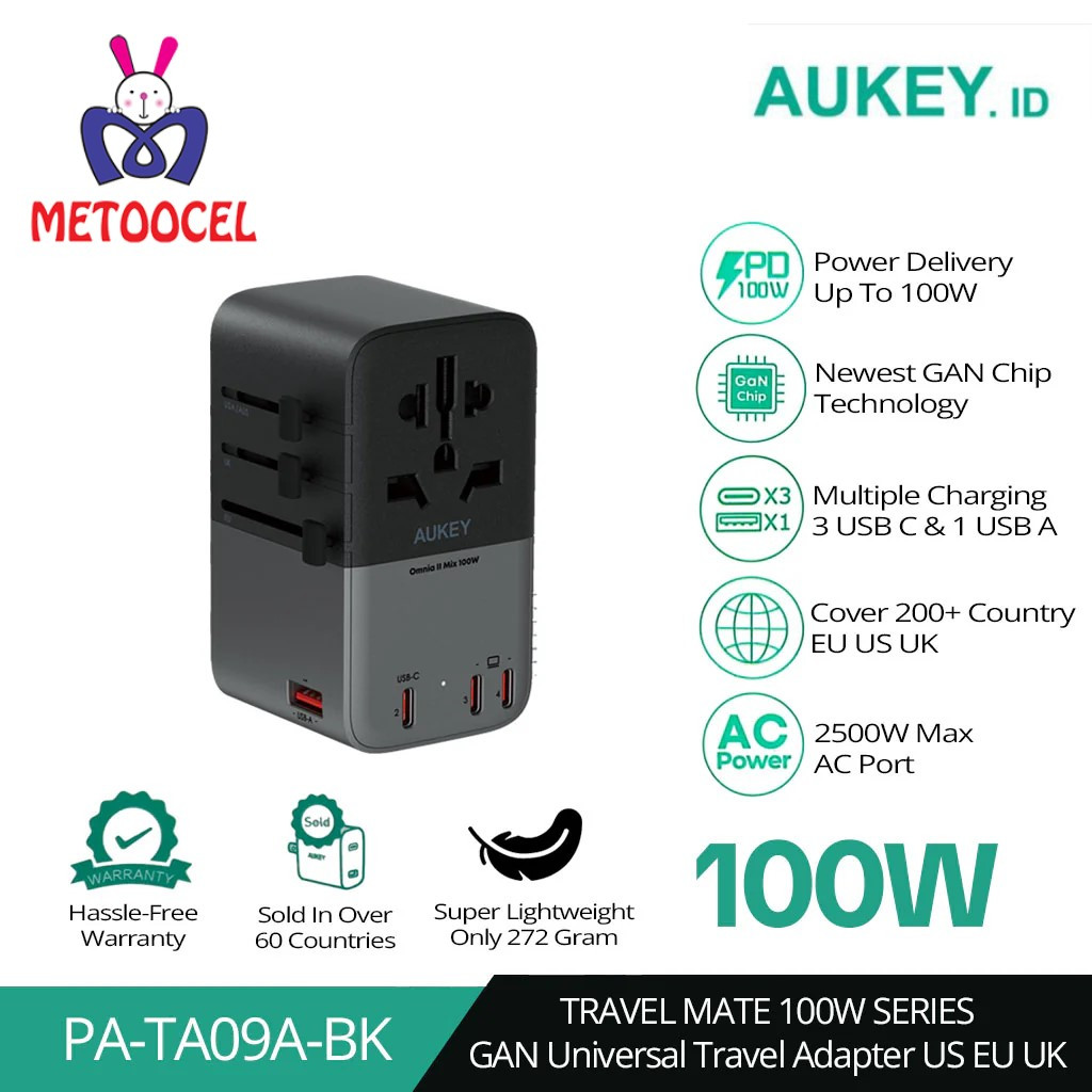 Jual Aukey PA-TA09 With USB C Universal Travel Adaptor 100W | Shopee ...
