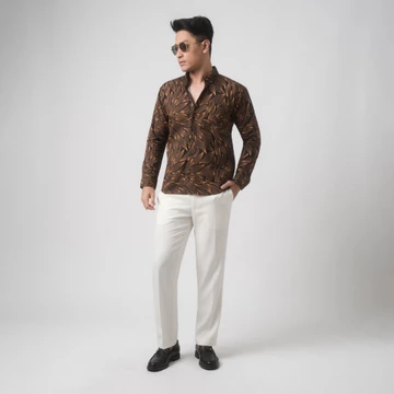 VENGOZ Atasan Kemeja Pria Printing Slim Fit Gold Leaves LS