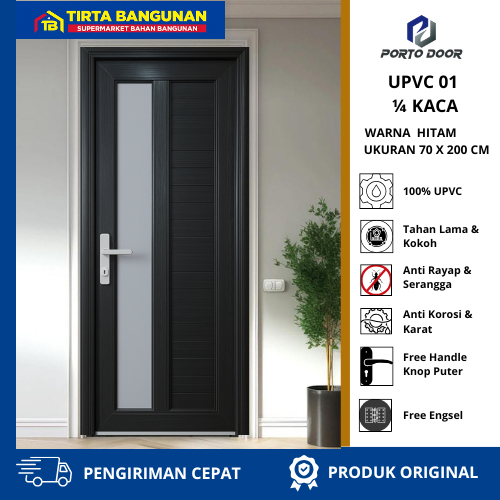 PORTO DOOR UPVC 01 1/4 KACA 70 X 200 CM PINTU KAMAR MANDI TOILET ANTI KARAT ANTI RAYAP