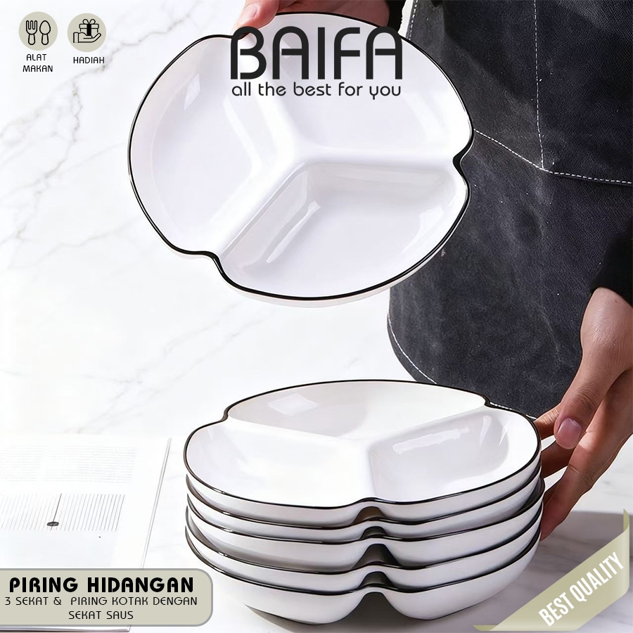 Jual BAIFA - Piring Sekat Saji Tableware Keramik Putih Tebal List Hitam ...